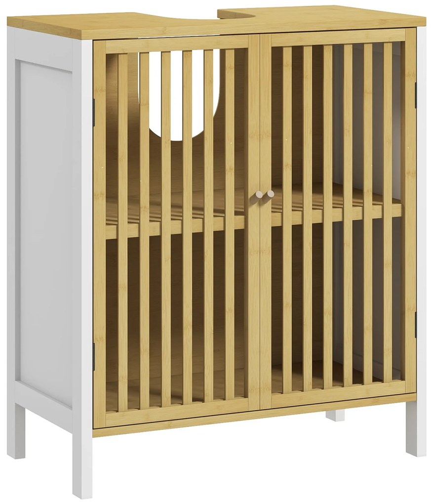 HOMCOM Móvel para Lavatório Pousar de Bambu para Casa de Banho com Porta Dupla e Prateleira Ajustável 60x30x70 cm Natural e Branco | Aosom Portugal