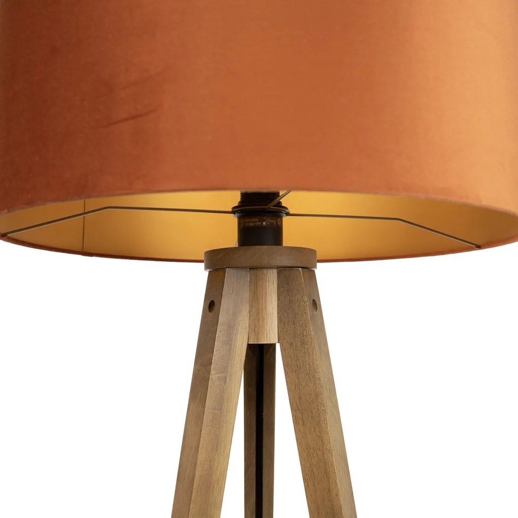 Candeeiro de pé de madeira com abajur laranja e interior dourado 50cm - Tripod Classic