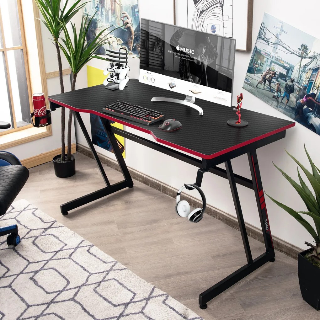 Secretária Gaming 120 cm Mesa de Jogos Ergonómica em Fibra de Carbono em Forma de Z 120 x 60 x 73 cm Vermelha