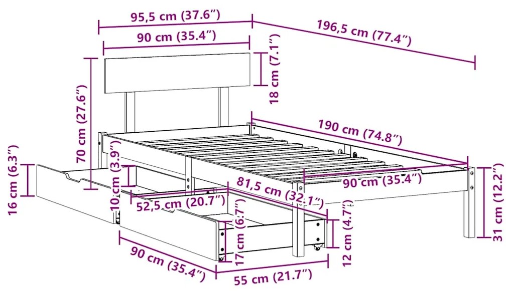 Cama sem colchão 90x190 cm madeira de pinho maciça branco