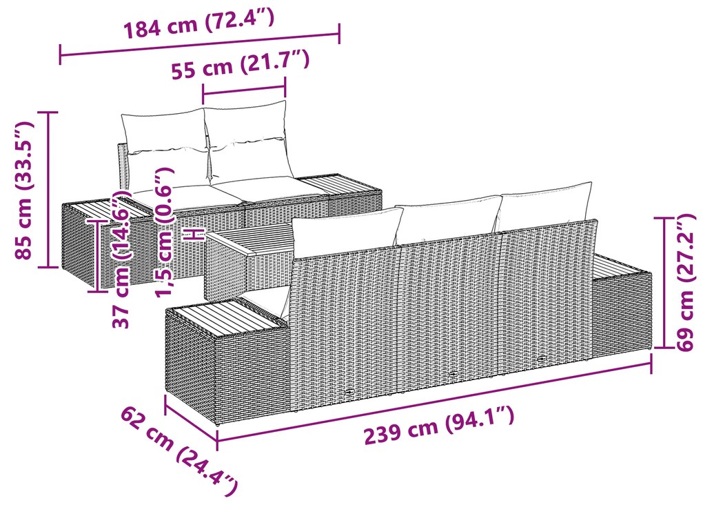Conjunto de Sofá de Jardim vidaXL de 6 Peças com Almofadas Pretas de R