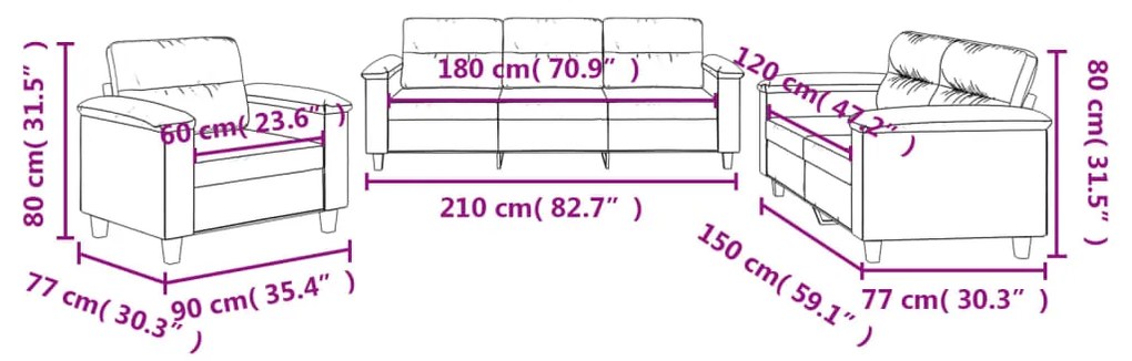 3 pcs conj. sofás c/ almofadões tecido microfibra cinza-escuro