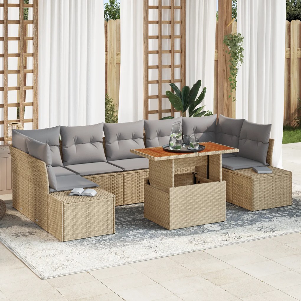 Conjunto de Sofás de Jardim de 8 Peças com Almofadas Bege em Rattan Si