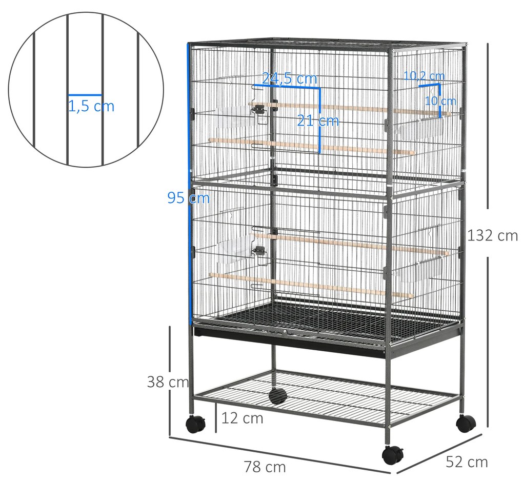 Gaiola para Pássaros com Rodas Bandeja Amovível 4 Portas 4 Comedouros e Prateleira de Armazenamento 78x52x132cm Cinza