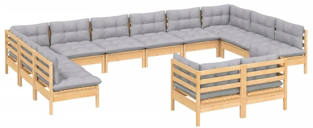 12pcs conjunto lounge de jardim + almofadões cinza pinho maciço