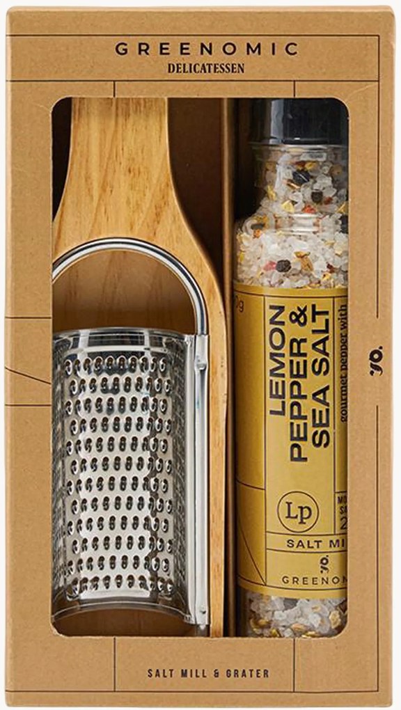 Conjunto de presente de pimenta de limão e sal marinho com ralador Greenomic