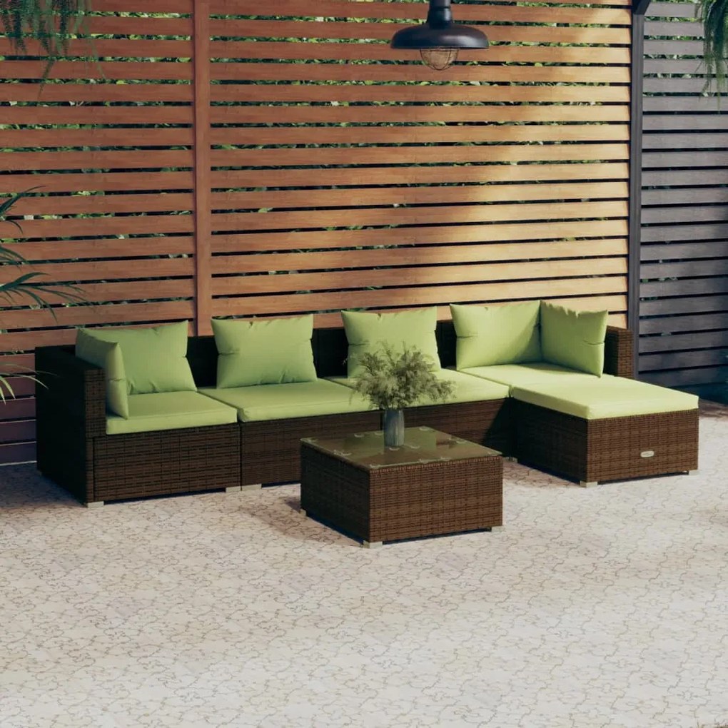 vidaXL 6 pcs conjunto lounge jardim c/ almofadões vime PE castanho