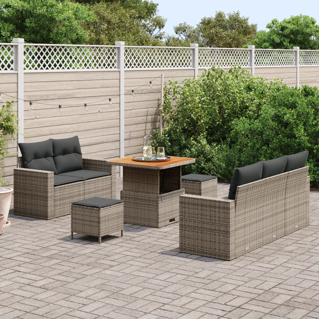 Conjunto de Sofá de Jardim 8 Peças com Almofadas Cinza Rattan Poliéste