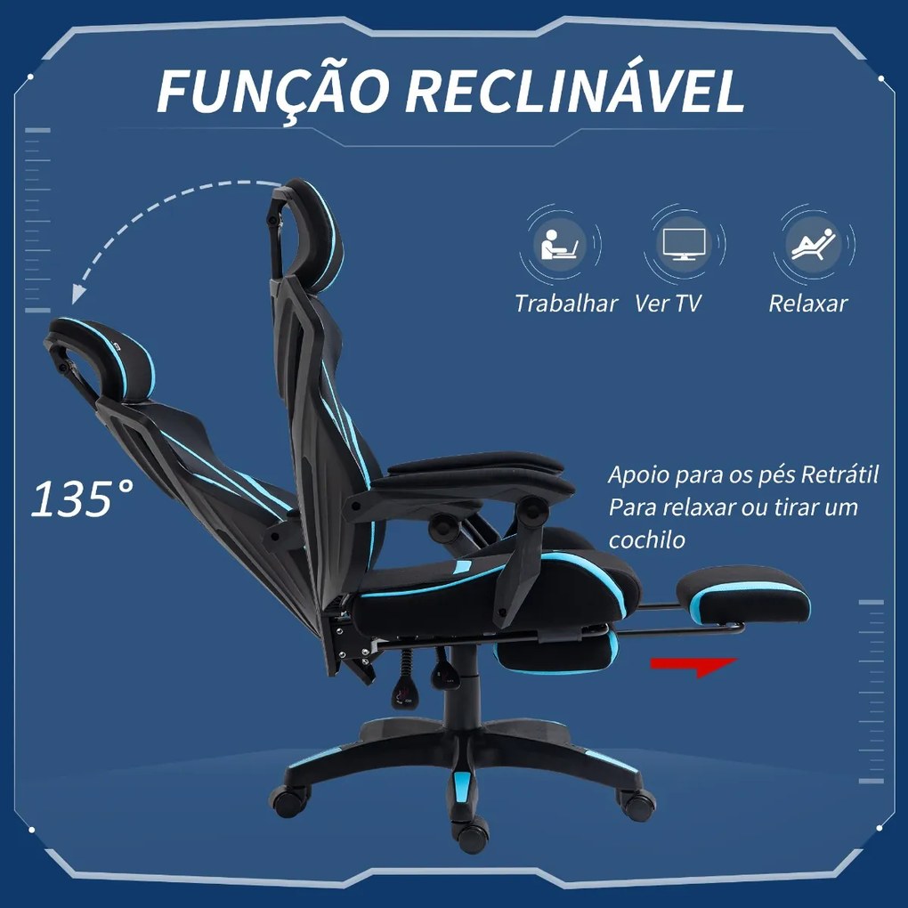 Cadeira de Gaming com Apoio para os Pés Retrátil Cadeira de Escritório Reclinável com Apoio para a Cabeça e Altura Ajustável 65x65x119-129cm Preto e A