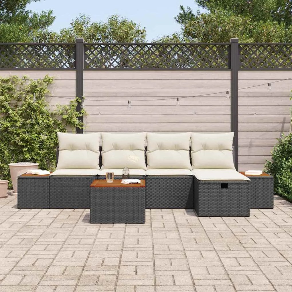Conjunto de Sofá de Jardim de 6 Peças com Almofadas Polirattan Preto
