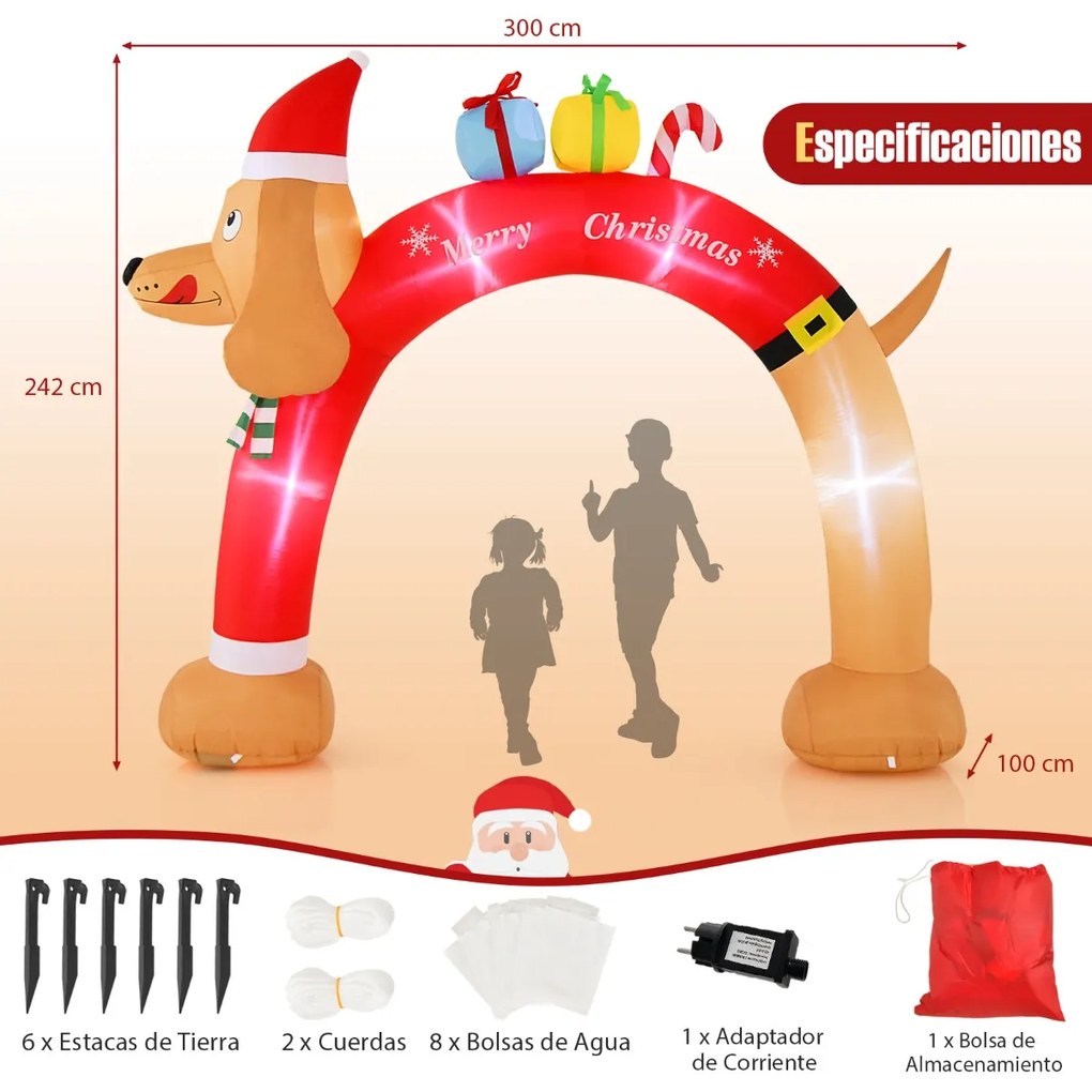 Arco insuflável de Natal com 242 cm de altura, LED, ventilador integrado, cordas e estacas multicolorido