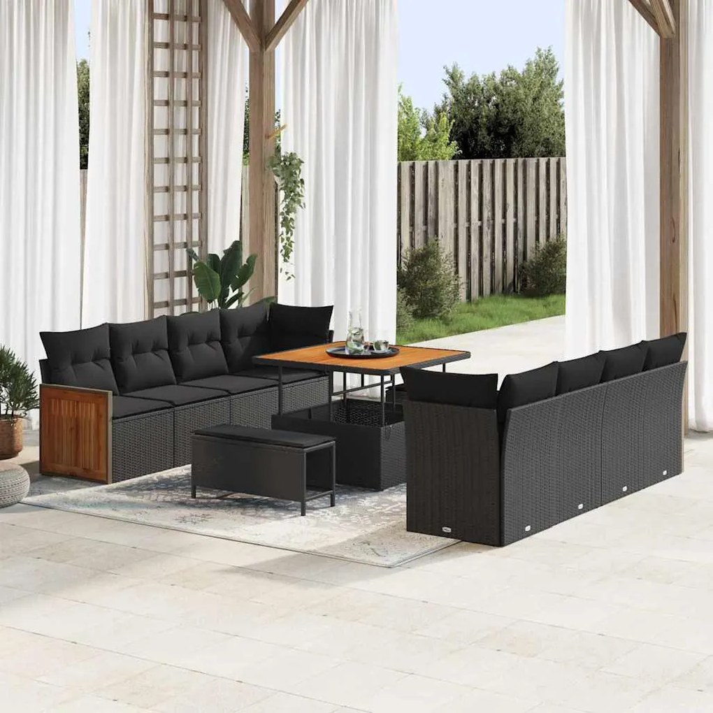 Conjunto de Sofás para Jardim com Almofadas vidaXL 11 Peças Preto Ratt