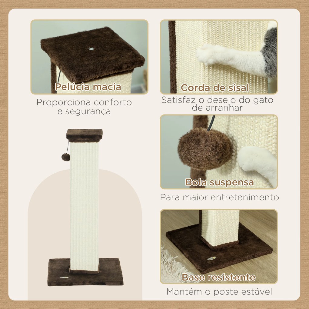 Poste Arranhador para Gatos Altura 81 cm Arranhador para Gatos com Poste de Sisal e Bola Suspensa 41x41x81 cm castanho