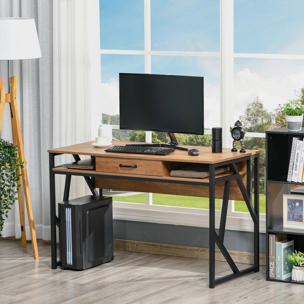 Secretária de estilo industrial, 120 x 60 x 76 cm, com gaveta + 2 nichos, base em metal preto, tampo com acabamento em madeira cor de nogueira