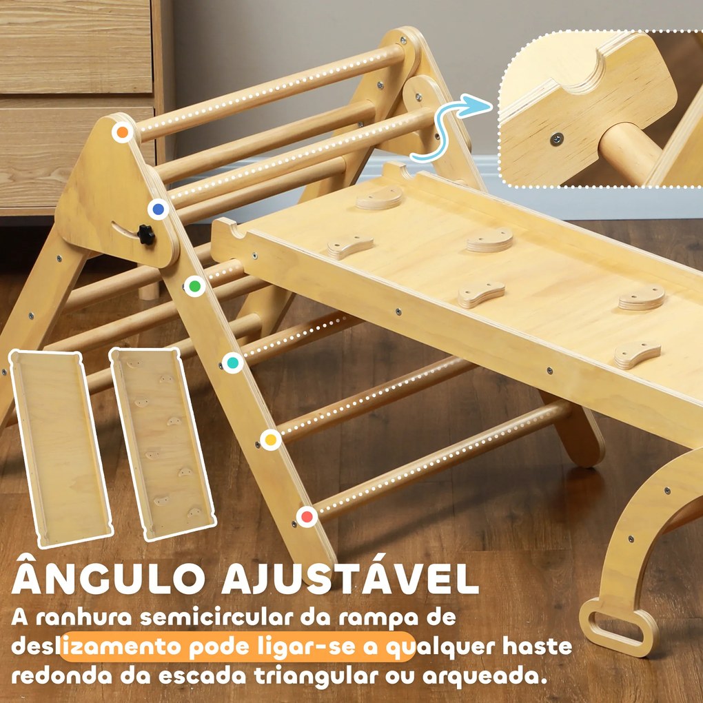 Triângulo de Escalada de Madeira 5 em 1 Escada para Crianças de 18-48 Meses com Rampa e Arco de Escalada 178x64,5x63 cm Madeira