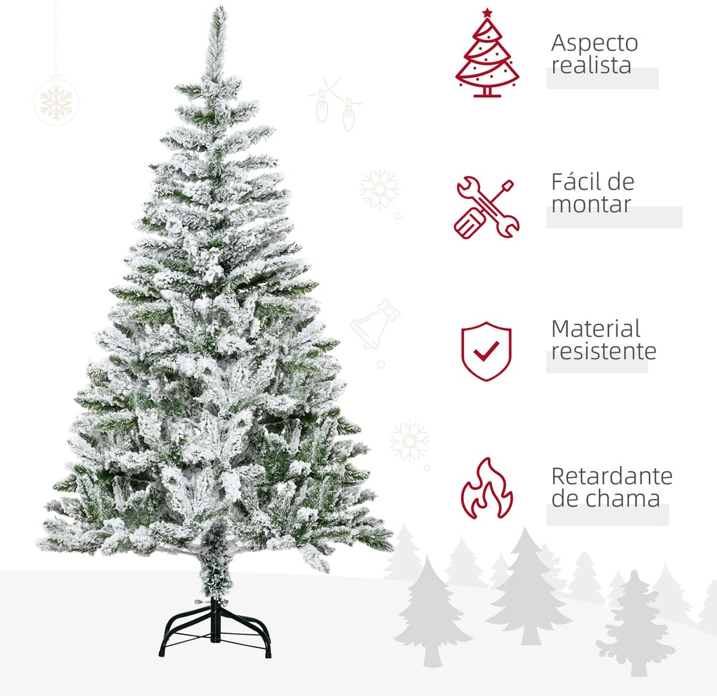 Árvore de Natal Artificial 150 cm com Neve Ignífugo com 358 Ramos Folhas de PVC Abertura Automática Base Dobrável Verde