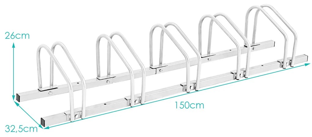 Suporte para bicicletas para 5 bicicletas Suporte para bicicletas para casa, jardim, garagem, parque 150 x 32,5 x 26 cm Prata