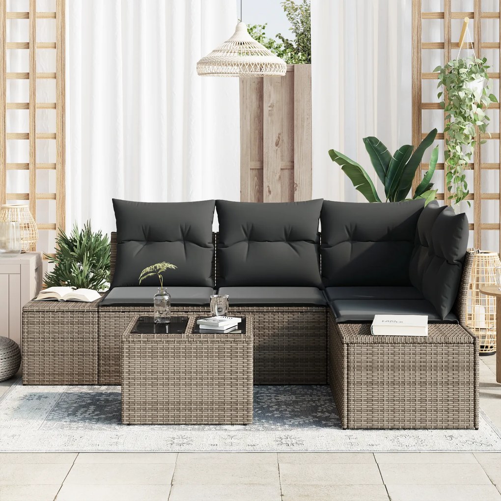 Conjunto de Sofá de Jardim com Almofadas Preto Rattan Poliéster