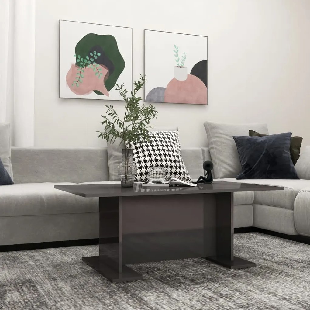 Mesa de centro 103,5x60x40 cm contraplacado cinzento brilhante