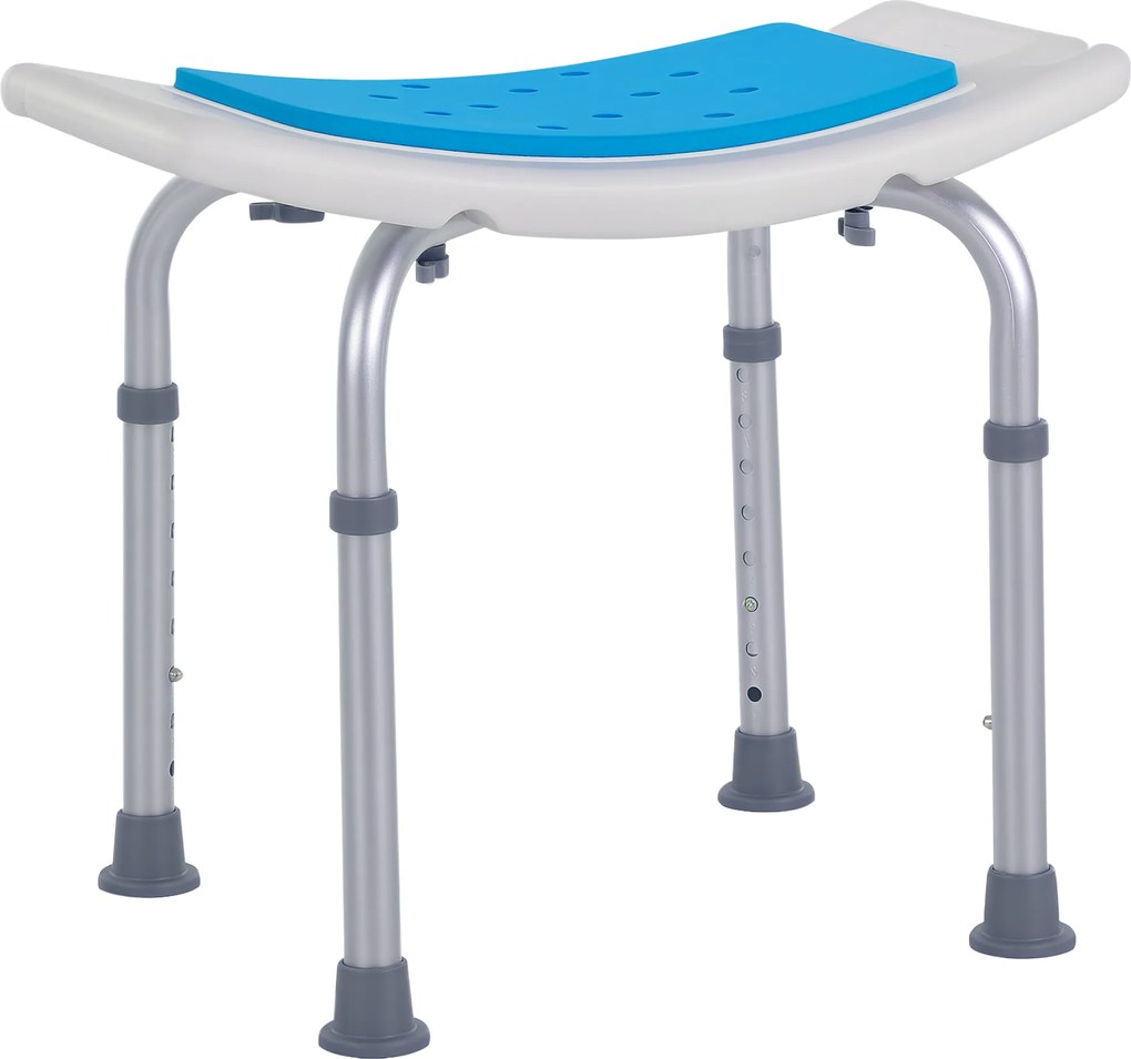 Assento de duche ajustável em altura, pés antiderrapantes, carga máxima de 135 kg, alumínio e HDPE, branco e azul