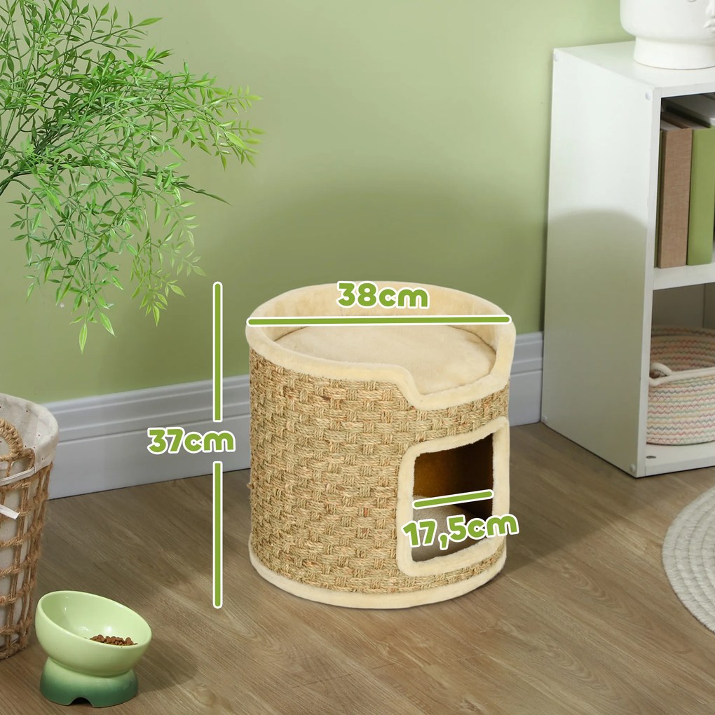 Barril Arranhador para Gatos 37 cm com Toca e Cama Superior em Sisal, Caqui
