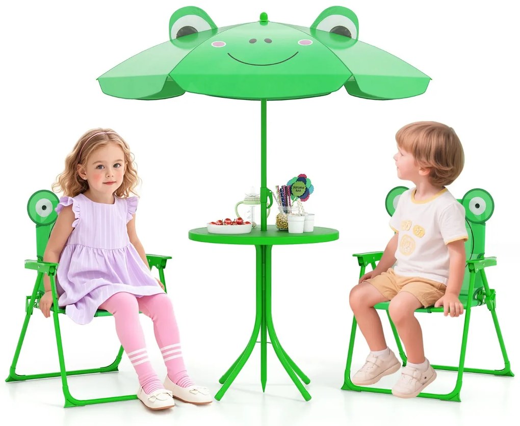 Conjunto de piquenique para Crianças 3-6 anos Mesa de atividades ao ar livre com 2 cadeiras dobráveis e guarda-sol ajustável em altura Verde