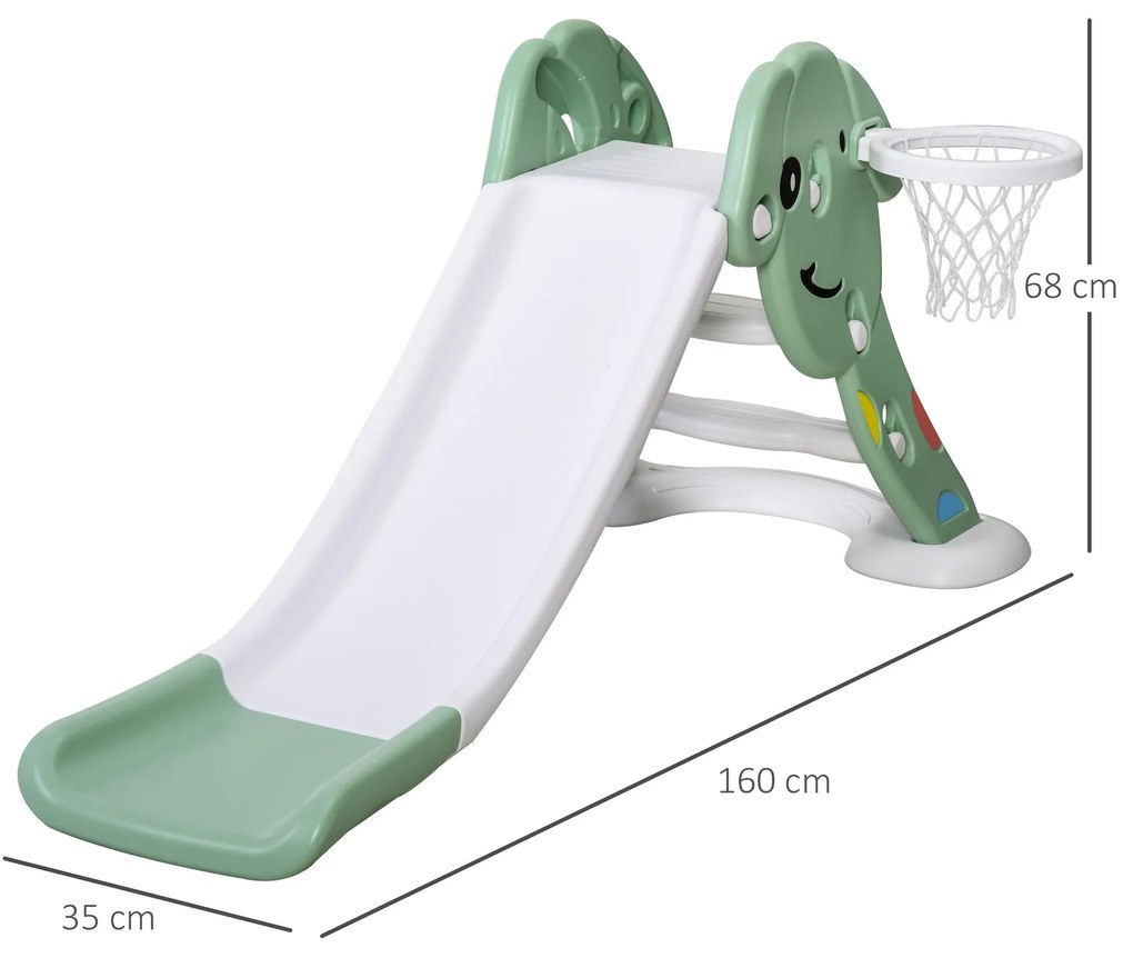 Escorrega infantil para crianças acima de 2 anos com cesta de basquete Interior e exterior carga 25 kg Acessórios incluídos 160x35x68 cm Verde e