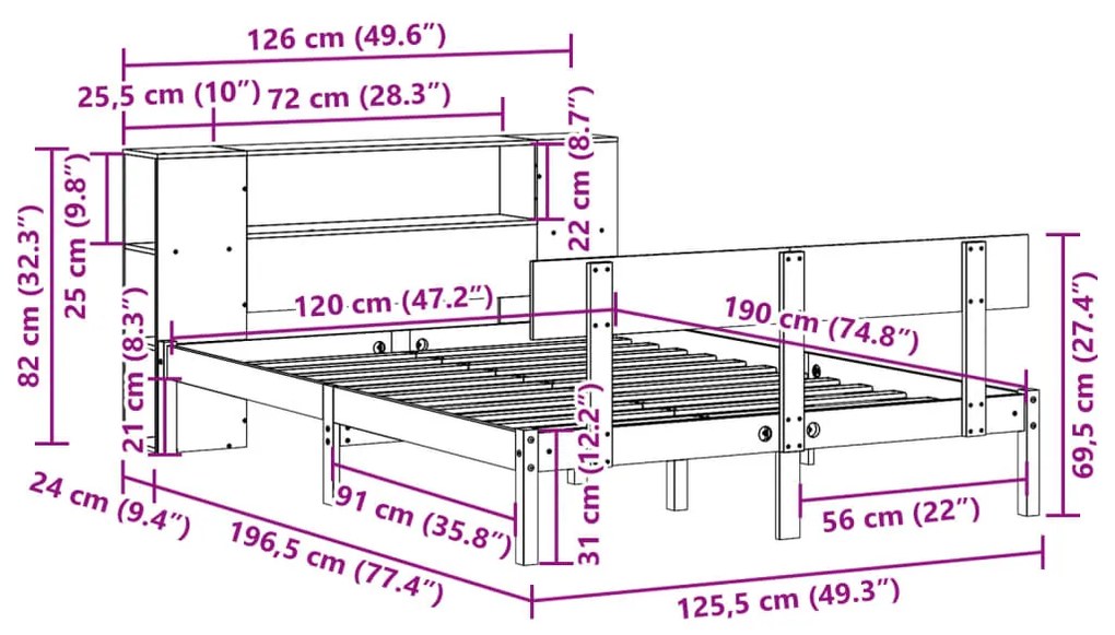 Cama com estante sem colchão 120x190 cm pinho maciço