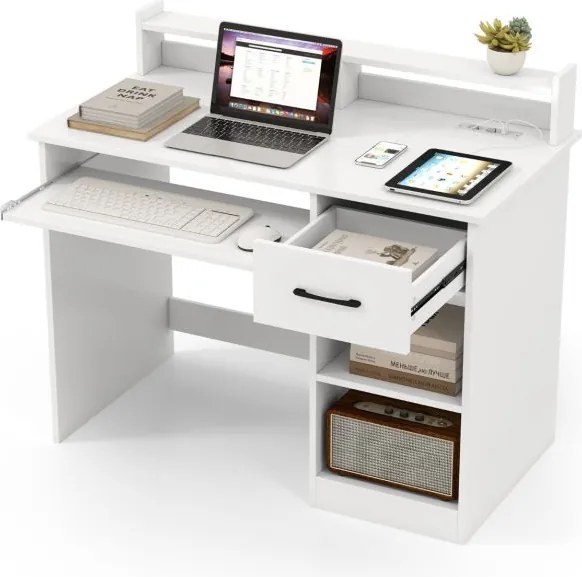 Secretária para computador 105 x 55 x 89 cm com tomadas elétricas, bandeja para teclado, gaveta e prateleira para escritório, casa ou estúdio, branca