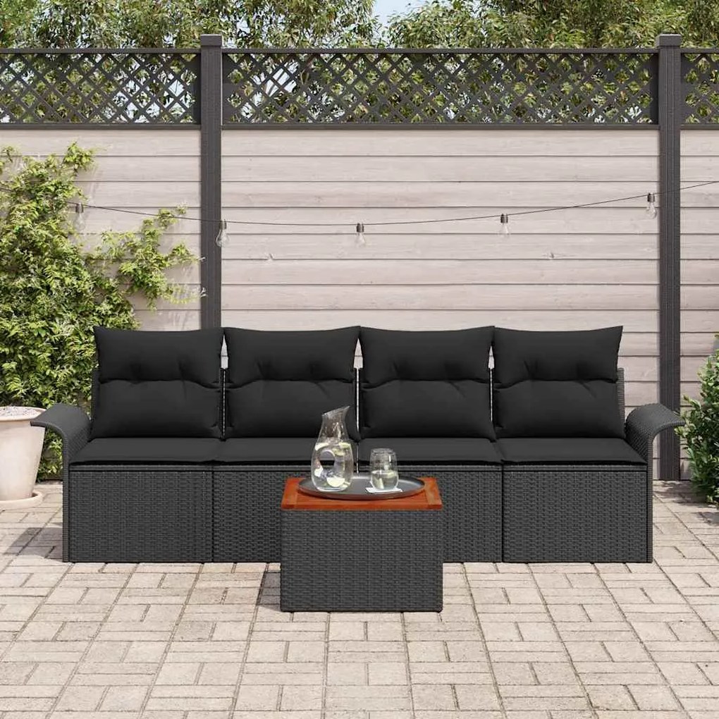 Conjunto de Sofá de Jardim de 5 Peças com Almofadas Preto Rattan Polid
