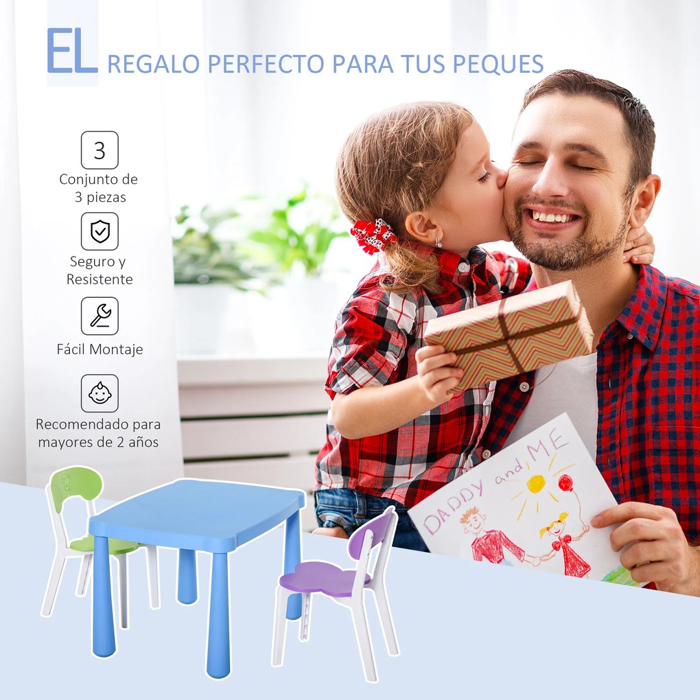 HOMCOM Conjunto de mesa e 2 cadeiras infantil para atividades com encosto e bordas redondas para crianças acima de 2 anos 76,5x54,5x49,5 cm Multicolor