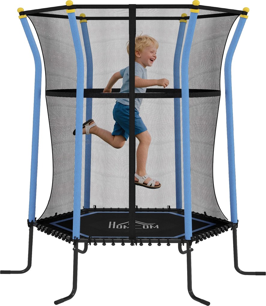 Trampolim infantil Ø 1,63 x 1,9 m com rede de segurança, porta com fecho de correr e 6 postes almofadados incluídos, azul e preto