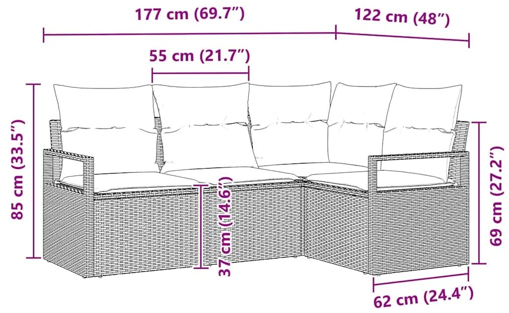 Conjunto de sofá de jardim 4 peças com almofadas bege em rattan sintét