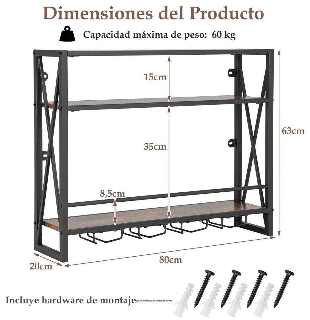 Garrafeira metálica industrial de parede para vinhos 3 níveis 4 suportes para copos Estante para garrafas para bar cozinha 80 x 20 x 63 cm Castanho