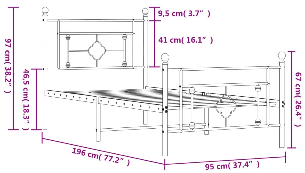 Estrutura de cama com cabeceira e pés 90x190 cm metal branco