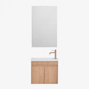 Conjunto De Móvel De Casa De Banho Suspenso Em Madeira Com Lavatório Integrado Narek Castanho Fresno & Retangular Led E Anti-embaciamento 55x90 Cm Rib