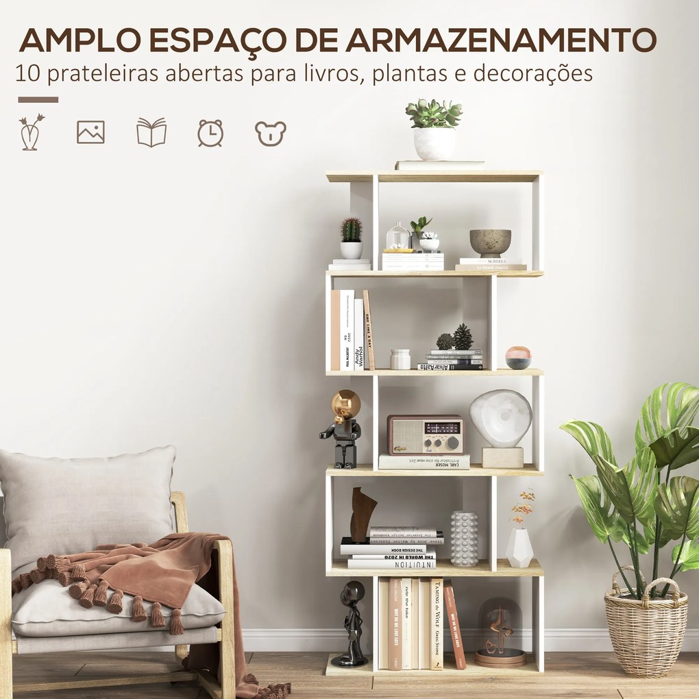 Estante para Livros Estilo Nórdico Estante com 5 Prateleiras Anti-Tombo Carga 25 kg 70x29,5x163 cm Branco e Madeira