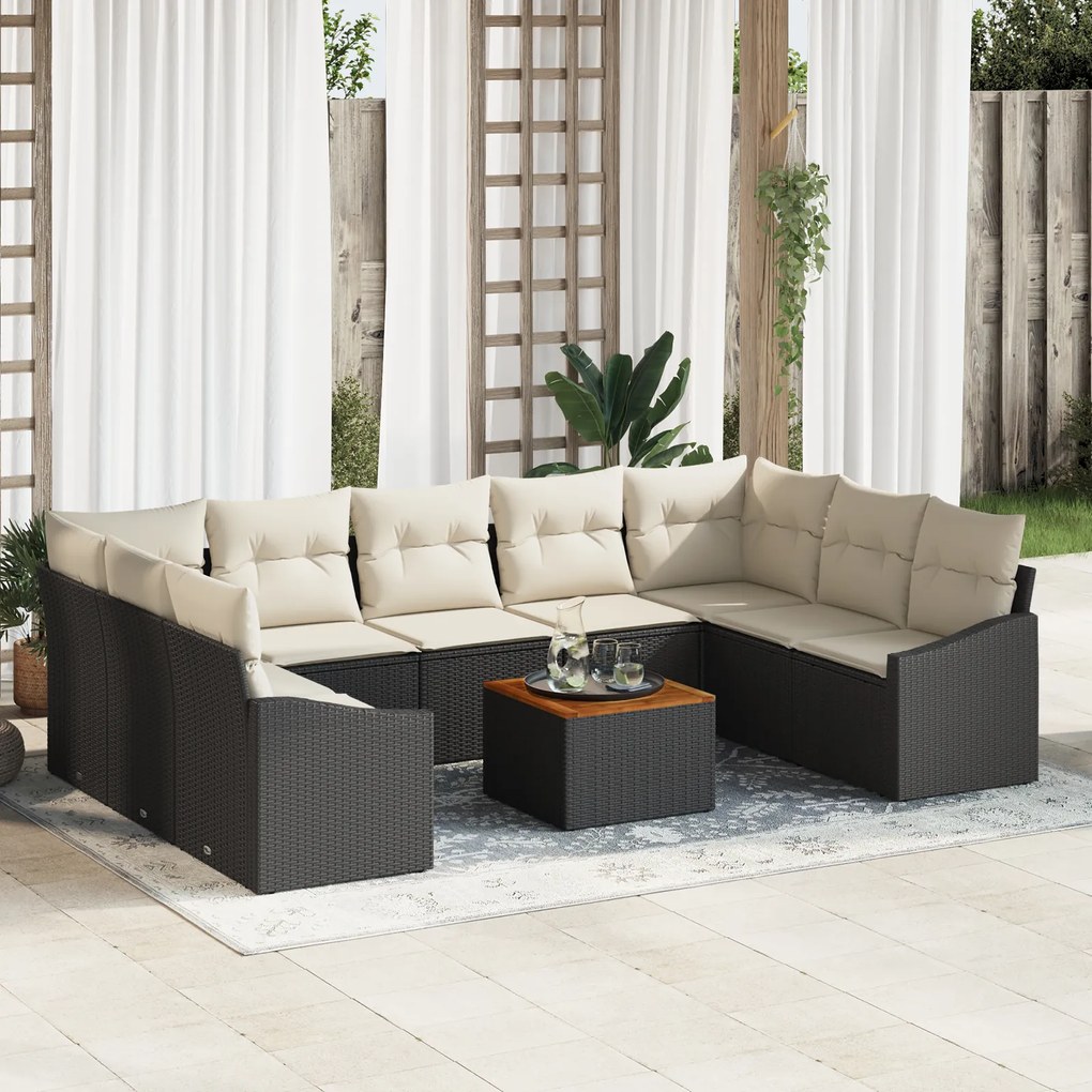 Conjunto de Sofá de Jardim de 10 Peças com Almofadas Preto Rattan Acác