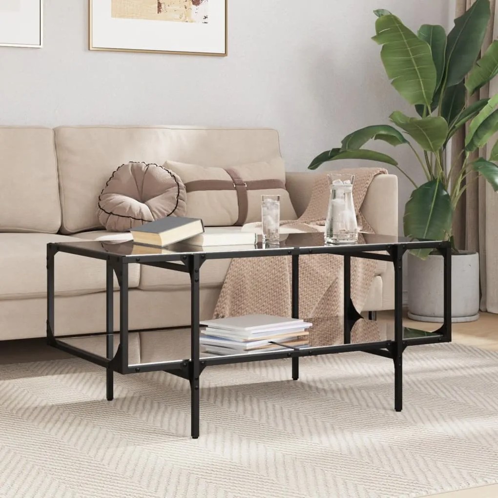 Mesa de centro com topo em vidro preto 98,5x50x45 cm aço
