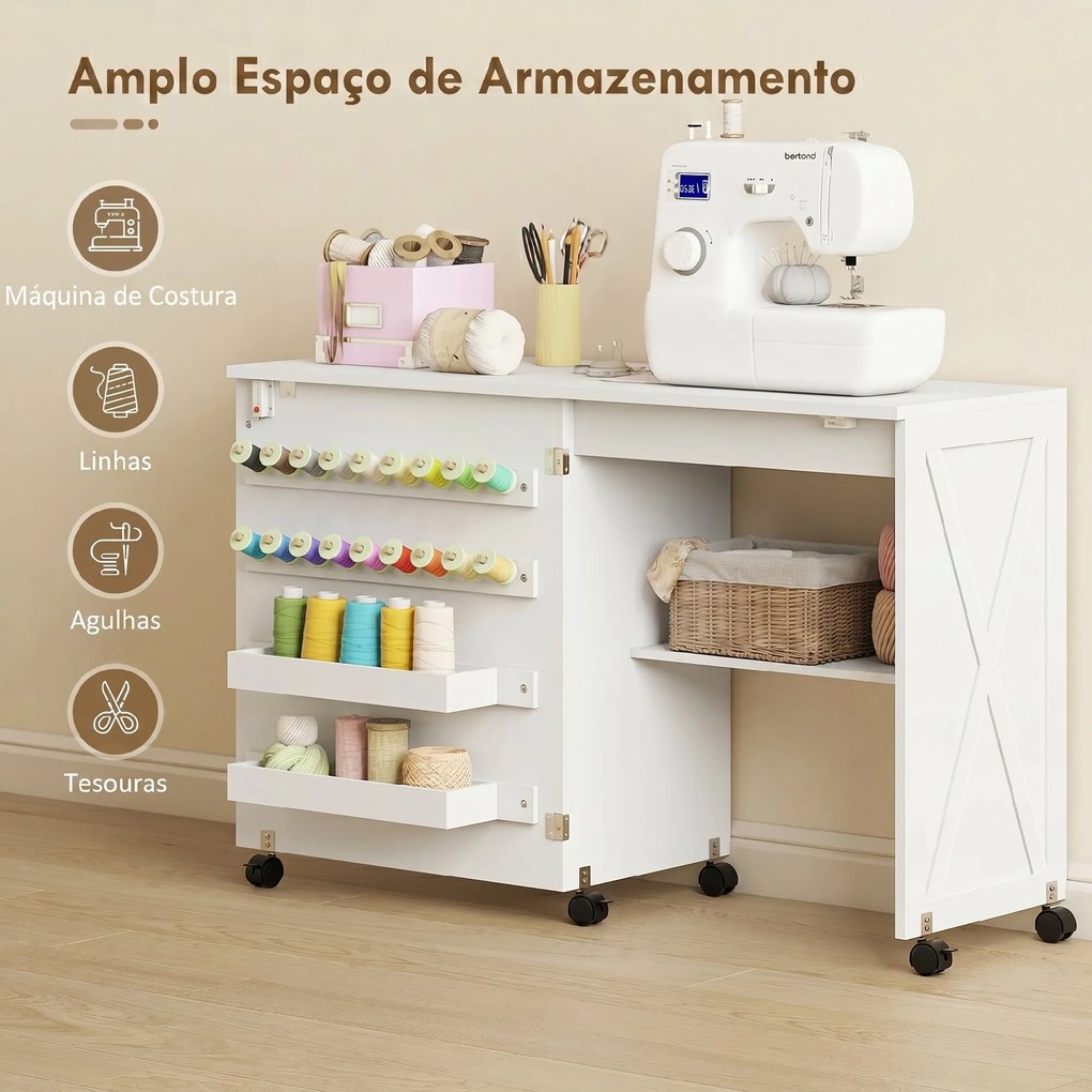 Mesa para Máquina de Costura Dobrável com Porta Magnética, 2 Compartimentos, Prateleira, 18 Suportes para Linhas, 5 Rodas, Branco