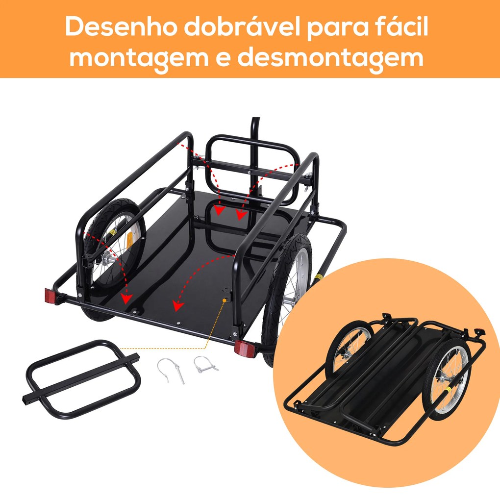 Reboque de Carga para Bicicleta Carrinho Dobrável para Bicicleta com 2 Rodas Refletores Carga 40 kg 155x71,5x77 cm Preto