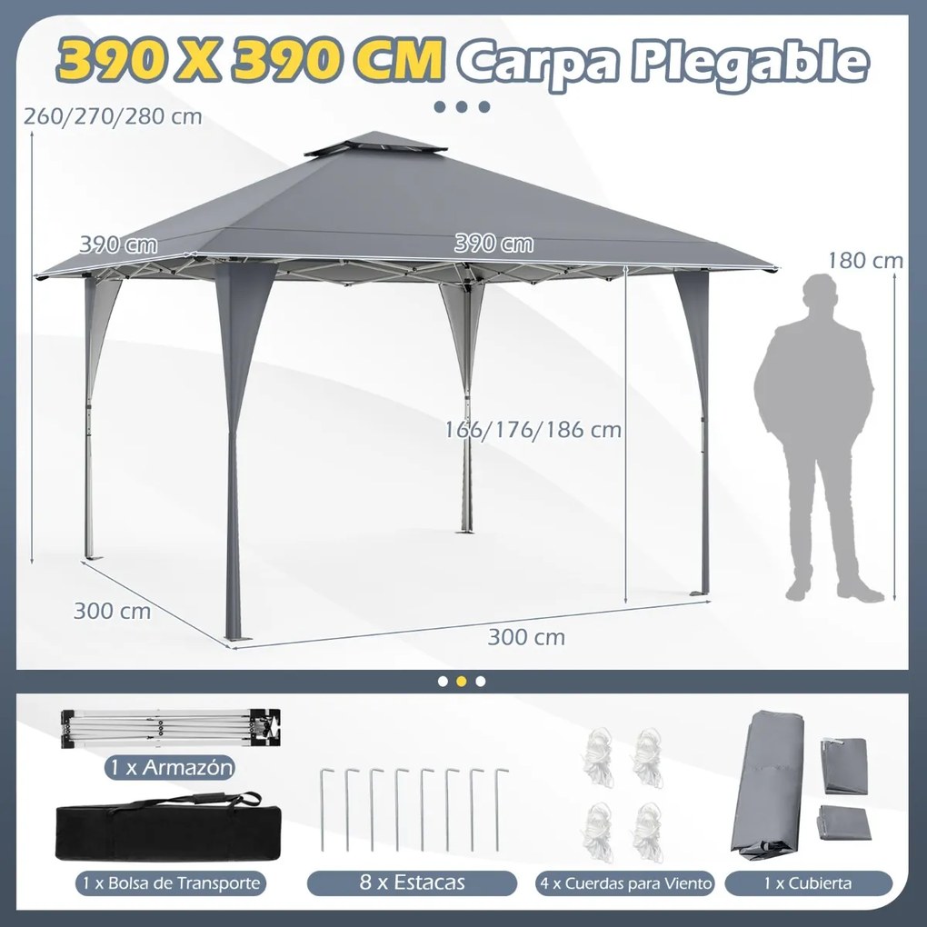 Tenda Pop Up 390 x 390 cm, com bolsa de transporte portátil, 8 estacas, 4 cordas de vento para pátio, jardim, acampamento cinza
