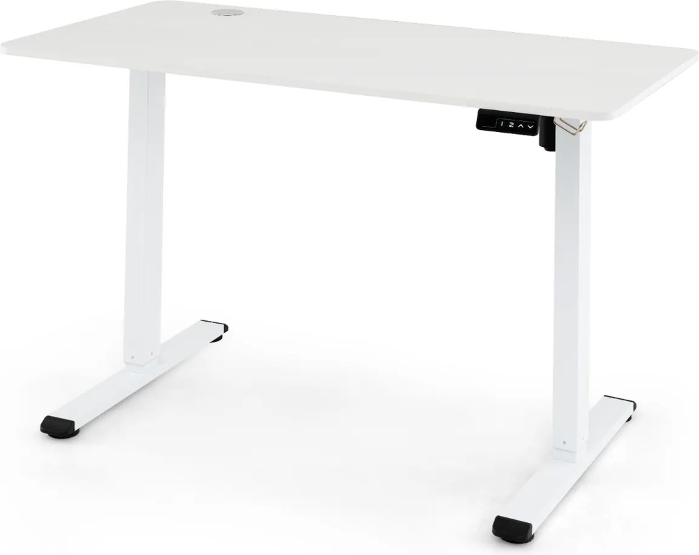 Secretária elétrica ajustável em altura 120 x 60 x 73-118 cm para trabalhar em pé e sentado com gancho para auscultadores Memória de alturas Branco