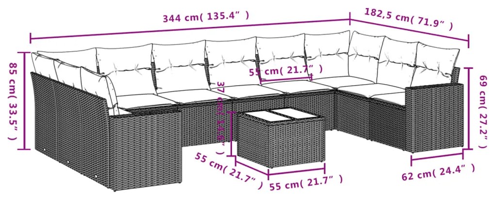 11 pcs conjunto sofás de jardim c/ almofadões vime PE bege