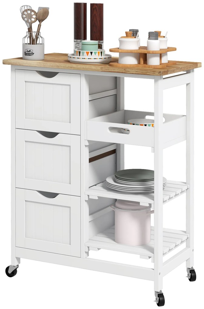 Carrinho de Cozinha com Rodas Carrinho de Serviço com 3 Gavetas 2 Prateleiras Abertas e Bandeja 67x37x85,5 cm Branco
