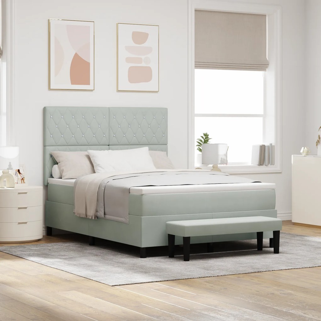 vidaXL Cama Box Spring com Colchão e Banco Cinza Claro 140x190 cm Veludo