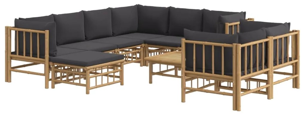 10 pcs conj. lounge de jardim bambu c/ almofadões cinza-escuros