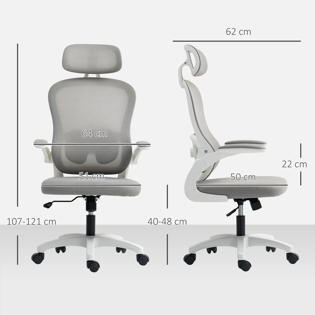 Cadeira de escritório ergonómica em malha com braços rebatíveis, altura ajustável, 64 x 62 x 115 cm, cinzenta