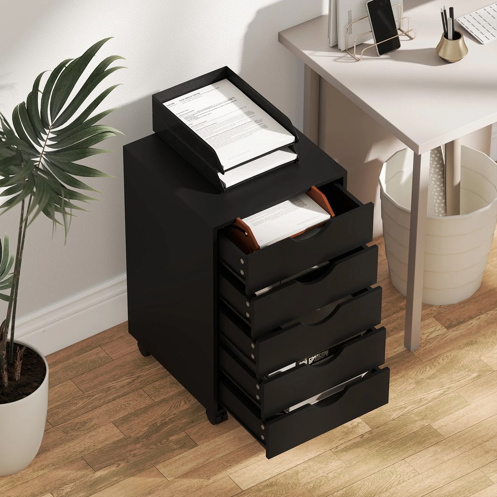 Bloco de Gavetas com Rodas Bloco de Gavetas para Escritório com 5 Gavetas 40x40x67 cm Preto