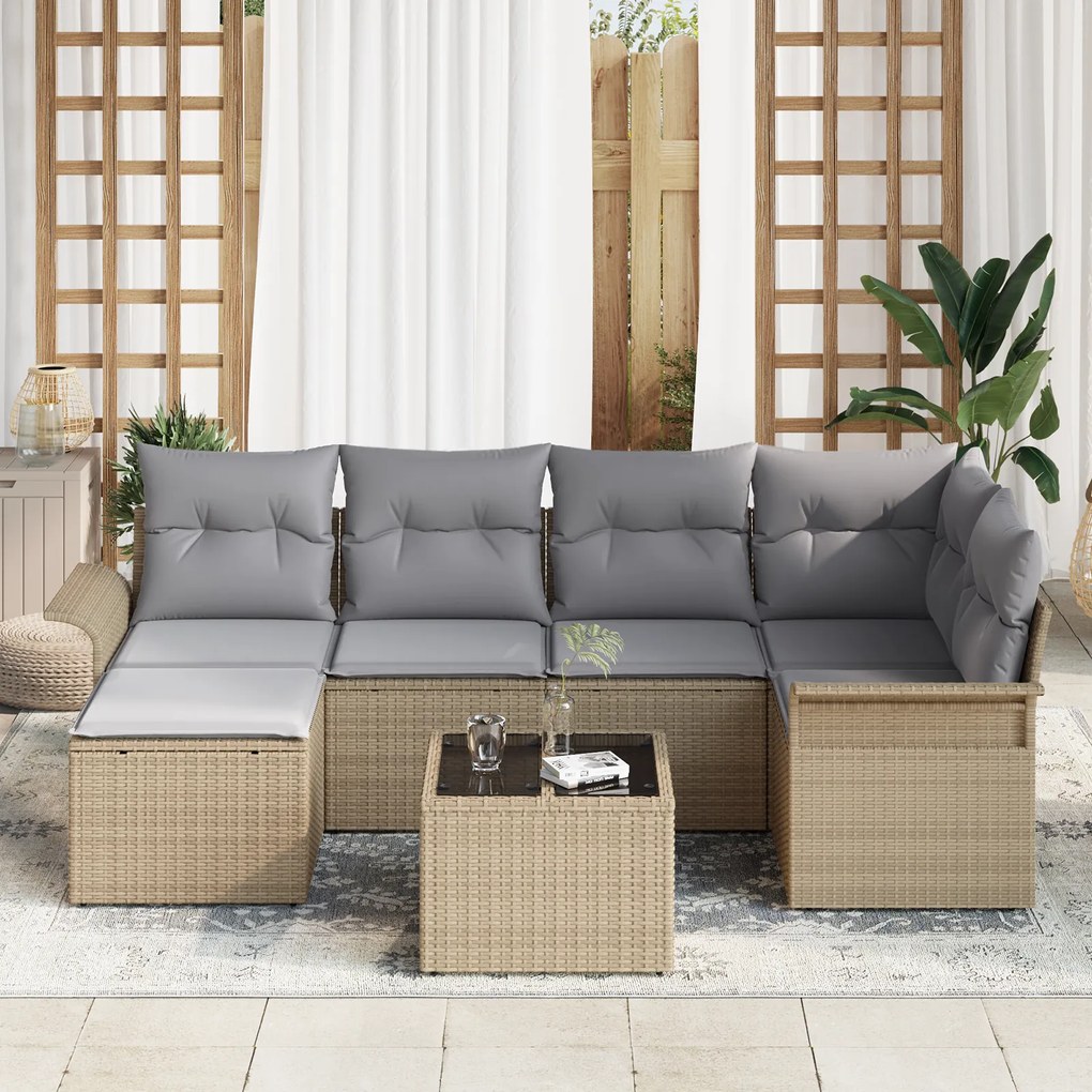 Conjunto de Sofá de Jardim de 7 Peças com Almofadas Pretas de Rattan P